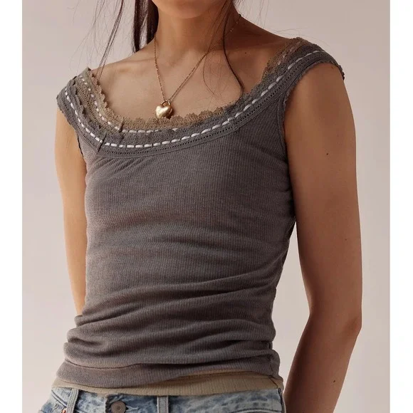 NWT Free People Intimately Only You Gray Ribbed Ribbon Lace Tank Top XS - Picture 1 of 6